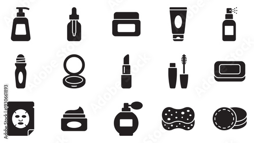 Cosmetic beauty products icons set silhouette collection featuring various skincare, makeup, and personal care items for modern hygiene and self-care routines.