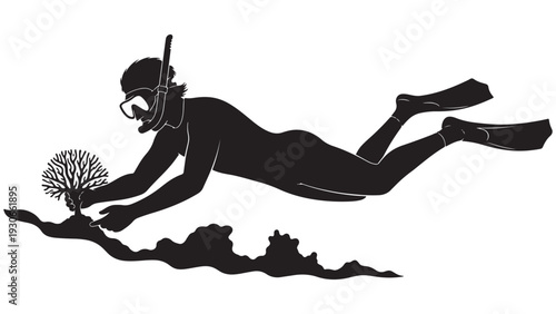 Coral Restoration Diver Planting Coral Fragment — Black Solid Vector Depicting Reef Outplanting Activity For Habitat Recovery And Biodiversity Support
