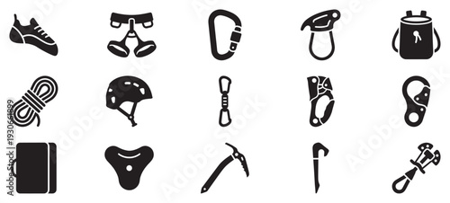 Climbing gear icons collection featuring essential equipment for adventurers, mountaineers, and outdoor sports enthusiasts.
