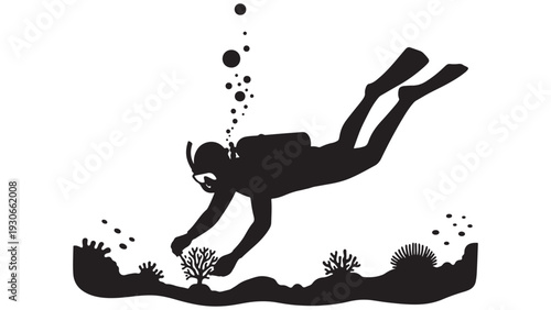 Scuba Diver Exploring Coral Reef Silhouette With Bubbles And Marine Life, Black Solid Ocean Conservation And Underwater Ecosystem Icon Isolated On White