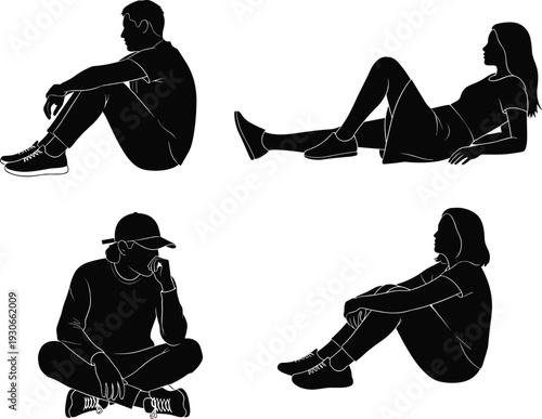 Black silhouette illustration of four people sitting in relaxed poses, minimalist posture design, casual contemplative artwork concept, flavector