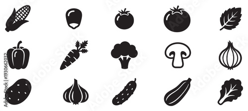 Various fresh healthy organic vegetables and fruits icons representing a diverse collection of produce for cooking and healthy eating.