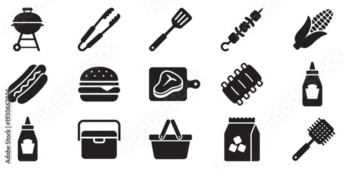 Grilling and barbecue icons set featuring various tools, foods, and accessories for outdoor cooking activities.