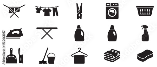 Laundry and cleaning icons collection featuring essential tools and activities for daily household maintenance tasks.