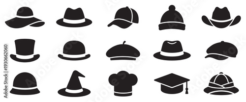 Collection of various hats and headwear icons representing diverse styles, professions, and cultural attire in a simple silhouette design.