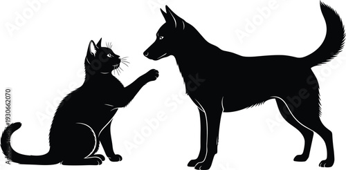 Dog and Cat Silhouette Interaction Cute Pet Friends Paw Touch Black Animal Vector Isolated on White Background