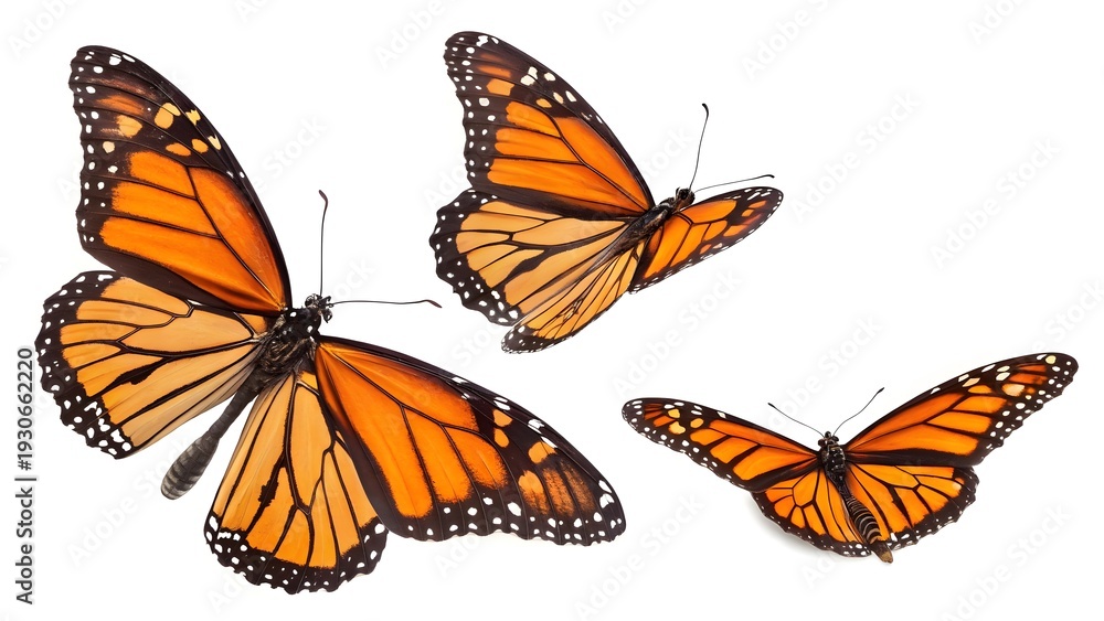 Obraz premium Group of Three Colorful Butterflies Flying Together in Nature, Vibrant Wings, Spring Wildlife Beauty, Isolated on Transparent Background