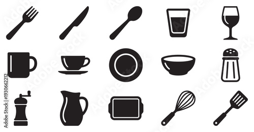 Kitchen and dining utensils icons set featuring various cooking and serving tools for home and restaurant use.
