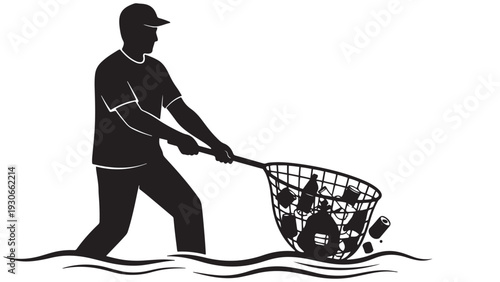 River Cleanup Volunteer Pulling Debris Net From Water — Black Solid Vector Of Community River Cleanup Retrieval Operation, Isolated On White