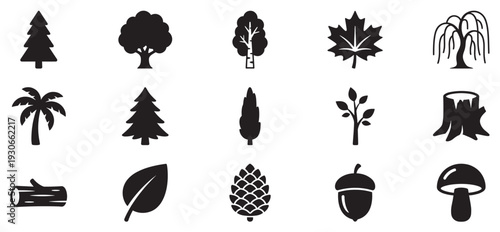 Tree and forest elements icons collection representing various plants and natural objects in a simple silhouette style.