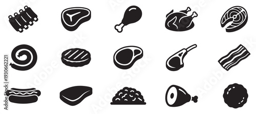 Various meat products and butcher shop items collection featuring different cuts and preparations as simple graphic icons.
