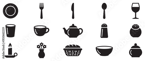 Essential kitchen and dining item silhouettes are presented in a clean grid, showcasing common household objects.