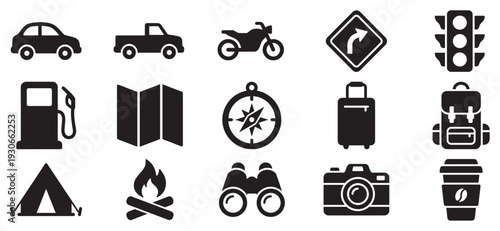Travel and adventure related vector icon set for navigation, transportation, and outdoor exploration activities.