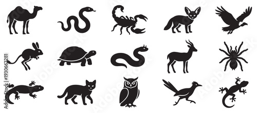 Diverse animal silhouettes including mammals, reptiles, birds, and insects are presented in a clean, minimalist icon style.
