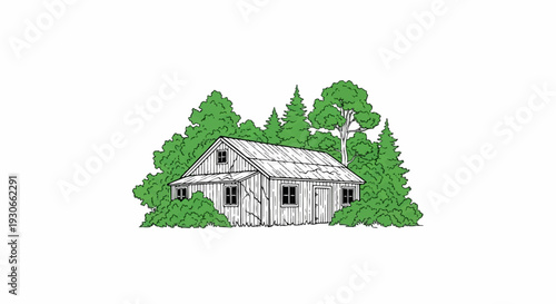 Dilapidated wooden cabin nestled among lush green trees in a forest clearing