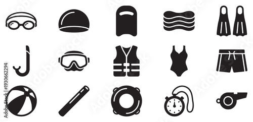 Collection of swimming and diving equipment and accessories icons for water sports, pool activities, and beach fun, representing essential gear.