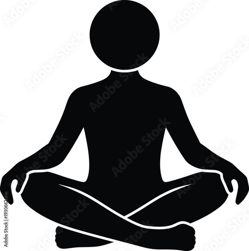 Black Silhouette Man Meditating in Lotus Position on White Background