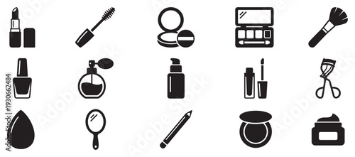 Comprehensive collection of essential beauty product icons representing various cosmetic items and personal care tools for daily routines.