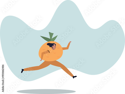 Man in orange suit posing while jumping. Food and fruit concept.