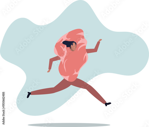 A man dressed as a beef steak. The character poses while jumping.