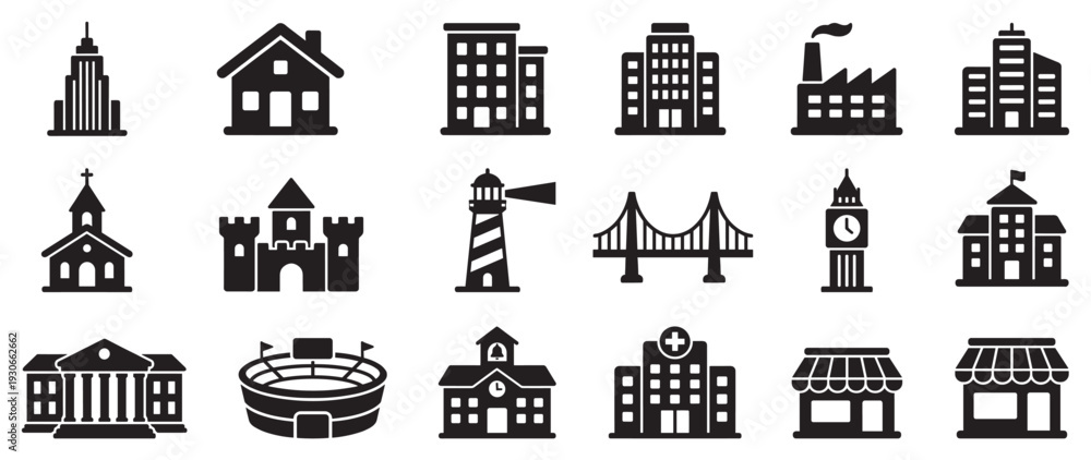 Fototapeta premium Buildings and structures vector icons collection representing various urban, commercial, and residential landmarks in a modern flat design.
