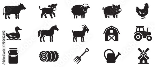 Farm animals and objects collection of black silhouette icons representing agricultural life and rural elements.