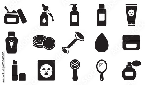 Collection of beauty and skincare icons representing various cosmetic products and tools for daily personal care routines and self-care.