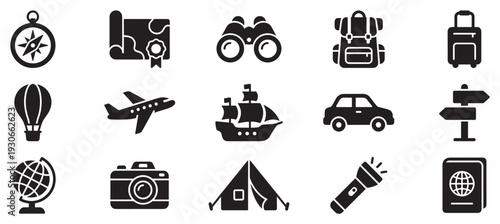 Travel and adventure icons representing various modes of transport, exploration tools, and essential gear for global journeys and outdoor expeditions.