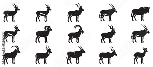 Various horned animals silhouettes collection featuring different species of antelopes and gazelles standing in profile.
