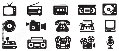 Retro media technology icons collection featuring vintage communication devices, entertainment equipment, and classic electronics