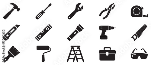 Diverse collection of essential construction and repair tools vector icons for various DIY and professional tasks.
