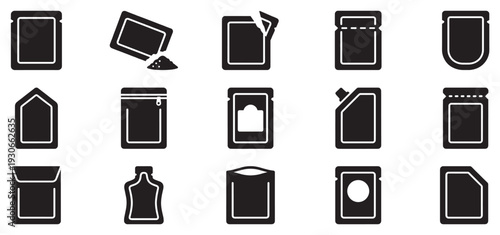 Flexible packaging icons set featuring diverse pouch and sachet designs suitable for various product types and industries.