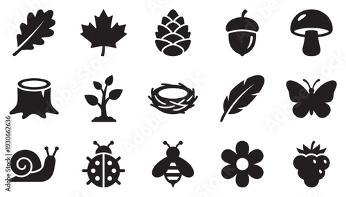Nature icons collection featuring various natural elements like leaves, insects, and plants in a simple silhouette style.