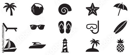 Summer vacation beach travel icons collection featuring various holiday destination elements in a simple silhouette style.