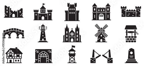 Historical architectural landmarks and structures icons set featuring castles, bridges, churches, and other traditional buildings in a simple black silhouette style.