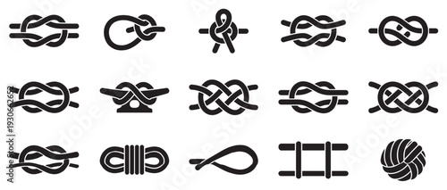 Various rope knots collection showcasing different types of secure and decorative ties used for sailing and climbing.
