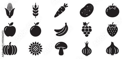 Fruits and vegetables icons set featuring a diverse collection of healthy food items for nutrition and agriculture concepts.