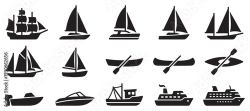 Comprehensive collection of boats and ships icons illustrating various types of watercraft, marine vessels, and nautical travel.