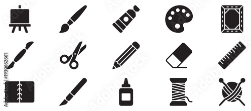 Art craft and school supplies icons set featuring various creative tools, stationery, and hobby items for design.