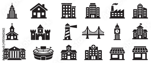 Buildings and structures vector icons collection representing various urban, commercial, and residential landmarks in a modern flat design.