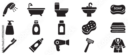 Bathroom and hygiene icons representing essential personal care items and fixtures for daily routine and cleanliness.