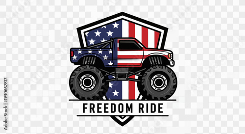 American flag monster truck with 'Freedom Ride' text on a patriotic shield emblem, celebrating independence and power.