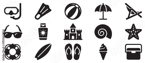 Summer beach vacation icons collection set includes various holiday elements like snorkeling gear, sunscreen, and sandcastles, perfect for travel and leisure designs.
