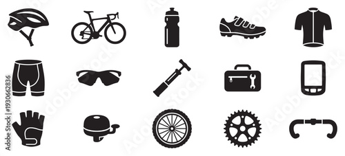 Bicycle equipment and accessories collection featuring various essential items for cycling enthusiasts and riders.