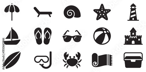 Beach and summer vacation icons collection featuring various holiday elements for travel, relaxation, and leisure activities.