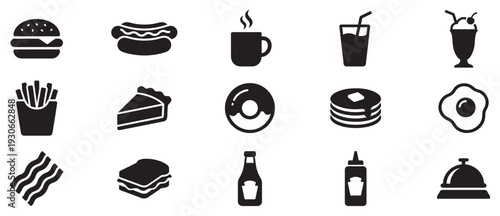 Fast food and restaurant menu item icons are presented in a collection of simple black silhouette vector illustrations.