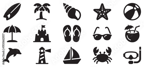 Collection of summer beach holiday travel vacation icons featuring various seaside elements and leisure activities.