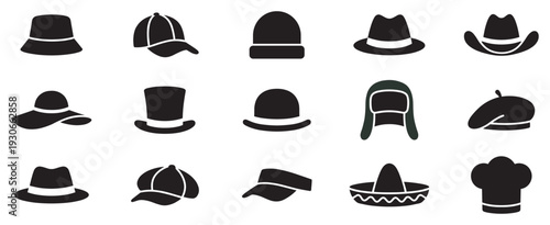 Comprehensive collection of hats and headwear icons, featuring various styles and designs in a clean, modern, and minimalist silhouette format.