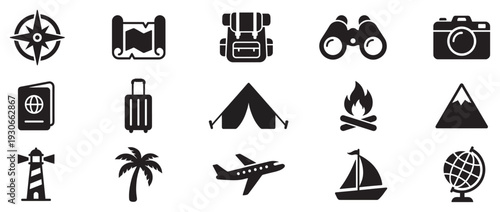 Travel and adventure icons collection representing exploration, vacation, and various outdoor activities for global journeys and discovery.