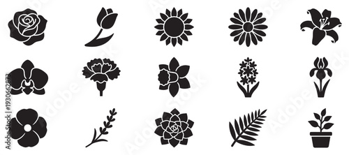 Flower and plant icons set featuring a diverse collection of elegant botanical silhouettes perfect for nature-inspired designs.